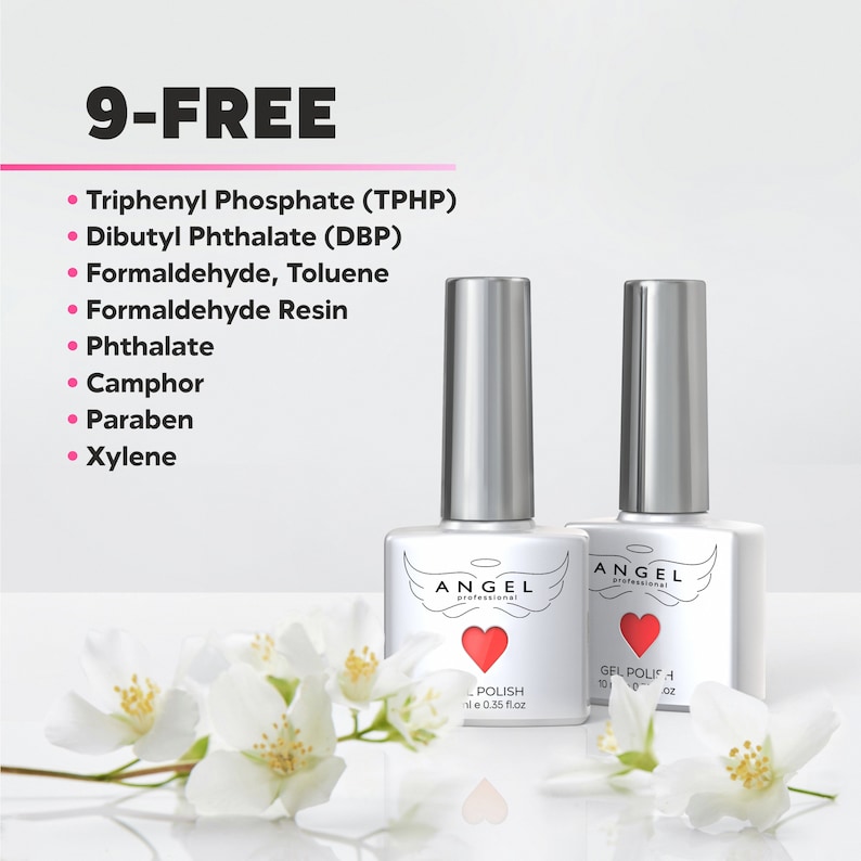 Peut inclure: Deux flacons de vernis &agrave; ongles sur un fond blanc. Les flacons sont argent&eacute;s avec un c&oelig;ur rouge et les mots "ANGEL professional" sur le devant. Les flacons sont &eacute;tiquet&eacute;s "POLISH" et "GEL POLISH". Le texte "9-FREE" est affich&eacute; au-dessus des flacons avec une liste d'ingr&eacute;dients qui ne sont pas inclus dans le vernis.