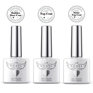 May include: Three clear glass bottles of nail polish with silver caps. Each bottle has a white label with the words "ANGEL professional" and "GEL POLISH 10ml e 0.35fl.oz". The bottles are labeled "Builder Base Coat", "Top Coat", and "Matte Top Coat".