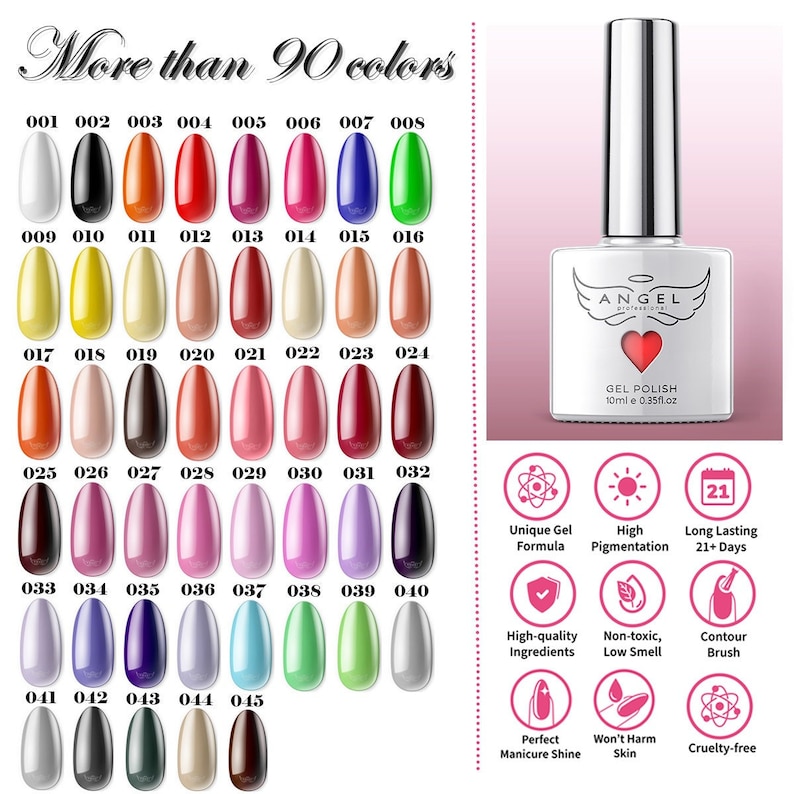 Peut inclure: Une s&eacute;lection de 45 couleurs de vernis &agrave; ongles en gel dans de petits flacons, dispos&eacute;s en rang&eacute;es. Les flacons sont num&eacute;rot&eacute;s de 001 &agrave; 045. L'image montre &eacute;galement un flacon plus grand de vernis &agrave; ongles en gel avec la marque "ANGEL" et le texte "GEL POLISH 10ml e 0.35fl.oz". L'image comprend &eacute;galement des ic&ocirc;nes repr&eacute;sentant les caract&eacute;ristiques du produit, telles que "Formule de gel unique", "Pigmentation &eacute;lev&eacute;e", "Longue dur&eacute;e 21 jours et plus", "Ingr&eacute;dients de haute qualit&eacute;", "Non toxique, faible odeur", "Pinceau contour", "Finition parfaite de la manucure", "Ne nuit pas &agrave; la peau" et "Sans cruaut&eacute;".