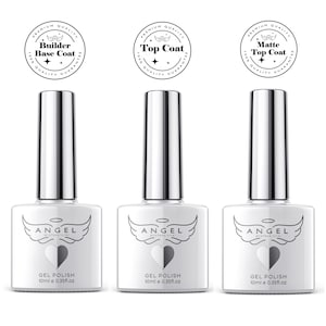 Peut inclure: Trois flacons de vernis &agrave; ongles en verre transparent avec des bouchons argent&eacute;s. Chaque flacon porte une &eacute;tiquette blanche avec les mots "ANGEL professional" et "GEL POLISH 10ml e 0.35fl.oz". Les flacons sont &eacute;tiquet&eacute;s "Builder Base Coat", "Top Coat" et "Matte Top Coat".
