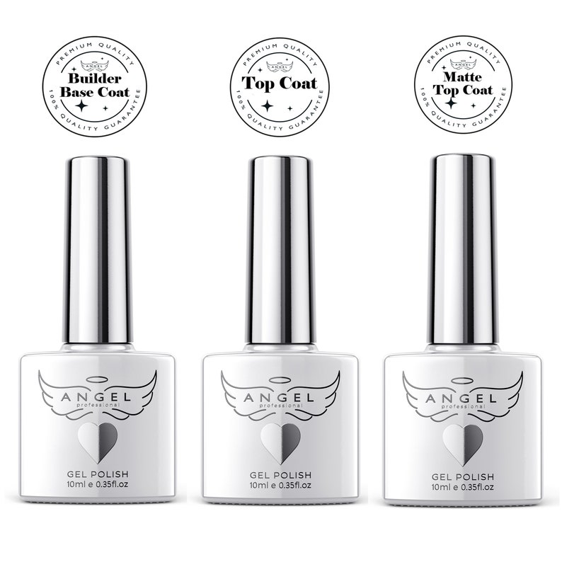 Peut inclure: Trois flacons de vernis &agrave; ongles en verre transparent avec des bouchons argent&eacute;s. Chaque flacon porte une &eacute;tiquette blanche avec les mots "ANGEL professional" et "GEL POLISH 10ml e 0.35fl.oz". Les flacons sont &eacute;tiquet&eacute;s "Builder Base Coat", "Top Coat" et "Matte Top Coat".
