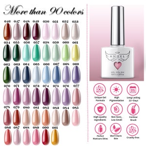 May include: A collection of 91 nail polish colors in small bottles, labeled with numbers from 046 to 091. The bottles are arranged in rows of eight. The image also shows a bottle of gel polish labeled "Angel Professional Gel Polish 10ml e 0.35fl.oz" with icons depicting the product's features: unique gel formula, high pigmentation, long lasting 21+ days, high-quality ingredients, non-toxic low smell, contour brush, perfect manicure shine, won't harm skin, cruelty-free.