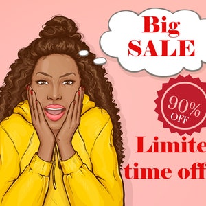 May include: A woman with curly brown hair is surprised by a sale. A thought bubble above her head says "Big SALE". A red circle with the text "90% OFF" is below the thought bubble. The text "Limited time offer" is below the circle.