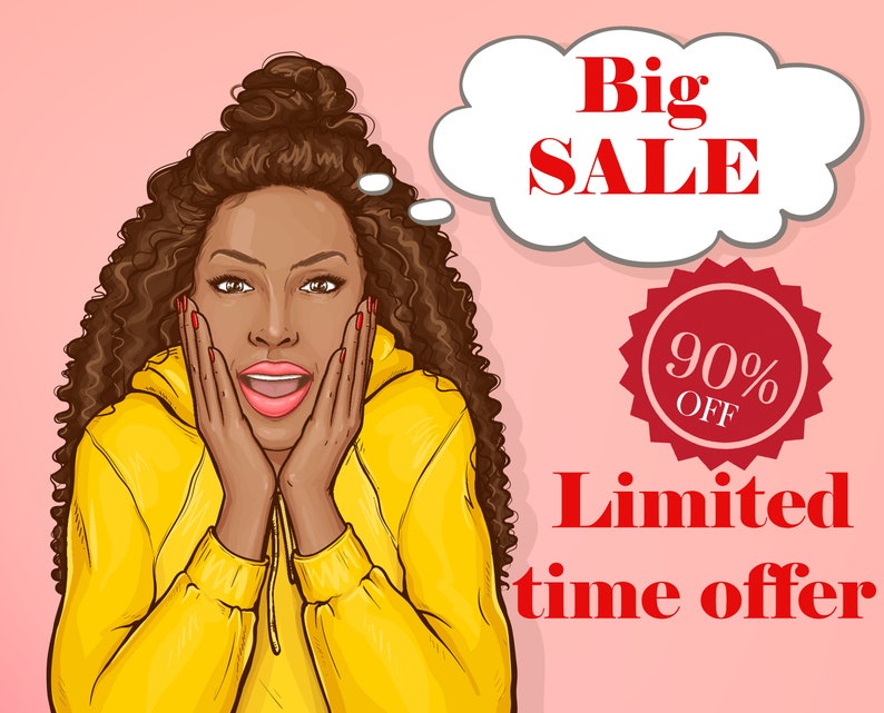May include: A woman with curly brown hair is surprised by a sale. A thought bubble above her head says "Big SALE". A red circle with the text "90% OFF" is below the thought bubble. The text "Limited time offer" is below the circle.