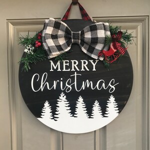 Christmas Door Hanger for Front Door, Merry Christmas Wood Door Sign, Round Holiday Door Sign