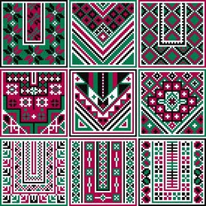 May include: Nine square tiles with geometric patterns in shades of green, burgundy, black, and white. Each tile features a unique pixelated design, including diamonds, chevrons, and floral motifs. The tiles are arranged in a three-by-three grid.