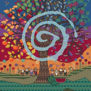 以下が含まれることがあります： ザクロ、ブドウ、ナスなど、果物や野菜が実った様式化された木を描いたカラフルなタペストリー。木の幹は複雑な模様で、その下に人物が立っています。背景は青、オレンジ、赤の混合です。