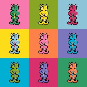 以下が含まれることがあります： 異なる色の体と異なる色の花を持っている、9つのピクセルアートのキャラクター。キャラクターは3x3のグリッドに配置されており、各行と各列は異なる配色になっています。