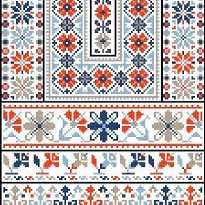 May include: A set of cross-stitch embroidery patterns featuring floral and geometric designs in shades of red, blue, white, and gray. The patterns are arranged in a vertical format, with a larger central pattern and smaller patterns below.