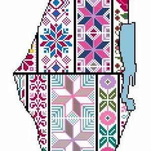 Puede incluir: Un diseño de patchwork colorido con la forma del país de Israel. El diseño presenta una variedad de patrones geométricos y colores, incluyendo rojo, azul, verde, rosa y blanco.