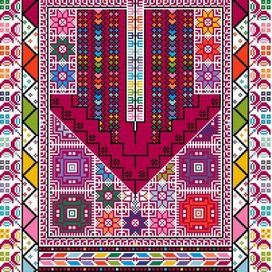 May include: A colorful geometric pattern with a pink background. The pattern is made up of squares, triangles, and other shapes. The colors are bright and vibrant, including red, orange, yellow, green, blue, and purple.