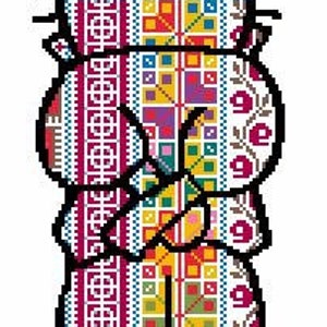 以下が含まれることがあります： 模様のある帽子と服を着た人のカラフルなスタイリッシュなイラスト。デザインは、赤、黄、青、緑、紫の幾何学的な形と花のモチーフを組み合わせています。