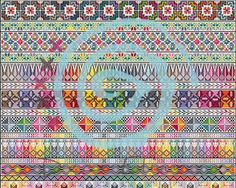 May include: A vibrant, patterned textile design featuring multiple horizontal bands with intricate geometric and floral motifs. The color palette includes a variety of bright colors such as red, blue, green, yellow, and pink, creating a visually rich and detailed pattern.