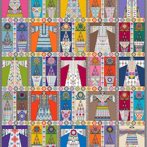 May include: A vibrant, patterned textile featuring a grid of colorful, stylized garments and floral motifs. The design incorporates a variety of colors, including pink, orange, green, and blue, with intricate geometric patterns and borders. The overall aesthetic is reminiscent of traditional folk art.