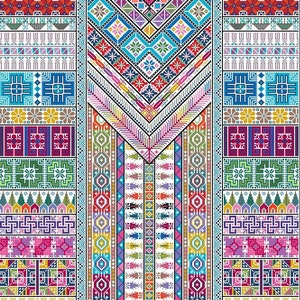 May include: A colorful geometric pattern with a variety of shapes and colors, including red, blue, green, yellow, and white. The pattern is made up of repeating motifs and is symmetrical.