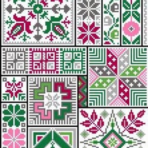 May include: A collection of 16 different cross-stitch patterns featuring geometric shapes, floral designs, and traditional motifs in shades of pink, green, grey, and red.