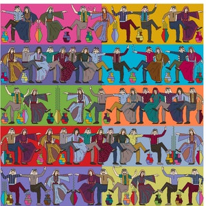 May include: A colorful illustration of a group of people dancing in a circle. The people are wearing traditional clothing and holding hands. The background is a colorful pattern of geometric shapes.