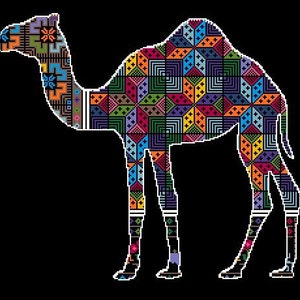 May include: A colorful camel silhouette with a mosaic pattern in various colors, including orange, green, purple, and blue. The design features geometric shapes and cross-stitch style details, set against a black background.