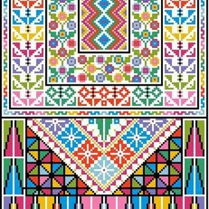 May include: A colorful embroidered design with geometric and floral patterns. The design is in a traditional style and features a variety of colors, including red, blue, green, yellow, and white.