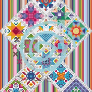 Puede incluir: Patrón geométrico colorido con diseños en forma de diamante con motivos florales y de estrellas. El fondo es a rayas con un arcoíris de colores. El diseño es detallado y llamativo, con un fuerte énfasis en el color.