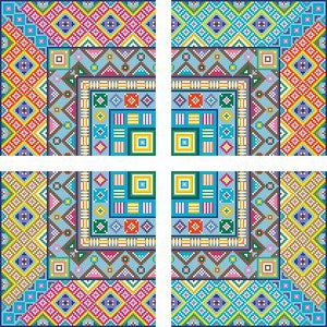 Puede incluir: Un patr&oacute;n geom&eacute;trico colorido con un dise&ntilde;o repetitivo de cuadrados y diamantes. El patr&oacute;n est&aacute; formado por varios colores, incluidos el rojo, el azul, el verde, el amarillo y el blanco.