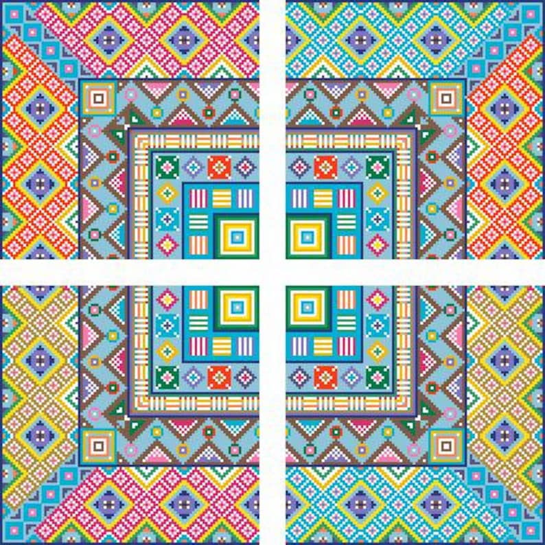 Puede incluir: Un patr&oacute;n geom&eacute;trico colorido con un dise&ntilde;o repetitivo de cuadrados y diamantes. El patr&oacute;n est&aacute; formado por varios colores, incluidos el rojo, el azul, el verde, el amarillo y el blanco.