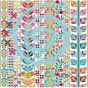 Pode incluir: Um padrão colorido e pixelizado com listras verticais apresentando desenhos florais e geométricos. As listras exibem várias flores, folhas e frutas em tons de vermelho, rosa, laranja, azul e verde, em um fundo branco. Borboletas também estão presentes.