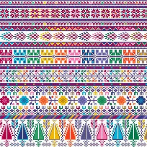May include: A colorful, repeating pattern of geometric shapes and floral designs. The pattern is made up of various colors, including red, blue, green, yellow, and purple. The pattern is perfect for use in a variety of crafts, such as quilting, embroidery, and knitting.