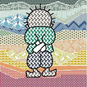 以下が含まれることがあります： 緑と白のチェックのシャツを着て、青と白のチェックのズボンを履いた人物のカラフルなイラスト。人物は、グレーの頭と黒いアウトラインで描かれている。人物は、カラフルな幾何学模様の背景の前に立っている。