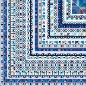 May include: A detailed, pixelated pattern in shades of blue, teal, and beige. The design features various geometric and floral motifs arranged in borders and corners, creating a decorative and intricate visual effect. The overall aesthetic is reminiscent of traditional textile designs.