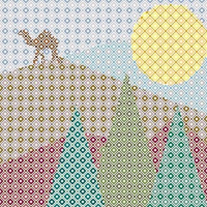 May include: Pixelated desert landscape featuring a camel atop a hill, with a large yellow sun in the sky. The scene includes stylized trees and a blue sky, all rendered in a mosaic pattern. The color palette includes browns, greens, and blues.