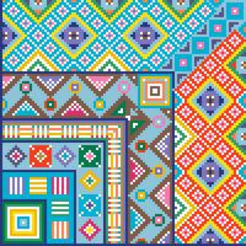 Puede incluir: Un patr&oacute;n geom&eacute;trico colorido con una variedad de cuadrados, rombos y tri&aacute;ngulos. El patr&oacute;n est&aacute; hecho de colores brillantes, incluyendo rojo, azul, verde, amarillo y morado.