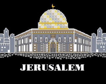 May include: A black and white silhouette of the Jerusalem skyline with a gold dome building in the center. The text "JERUSALEM" is below the skyline.