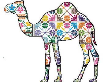 May include: A colorful camel silhouette with a geometric pattern in shades of blue, green, red, orange, yellow, and pink.