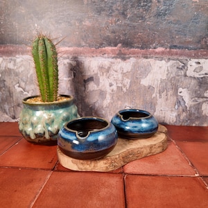 May include: Two small, round, blue and brown ceramic ashtrays with a groove for cigarettes sit on a wooden slab. A green cactus is in a turquoise ceramic pot. The background is a textured wall with red tile flooring.