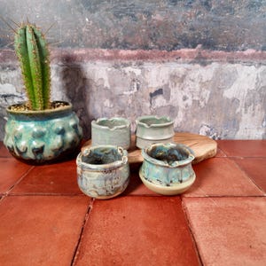 May include: A green cactus in a textured teal ceramic pot, accompanied by four small ceramic bowls with varied blue, green, and cream glazes. The bowls feature notched rims and are arranged on a wooden base, showcasing distinct drip patterns.