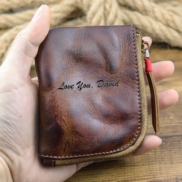 Monedero de monedas de cuero genuino, Billetera hecha a mano vintage para mujeres hombres, Billetera pequeña para portaces, Monederos de cambio de cremallera de cuero