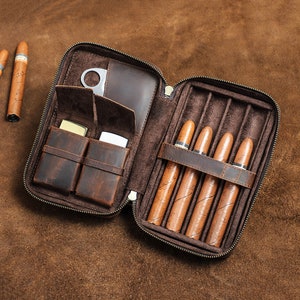 Leather Cigar Case Personalized Cigar Accessories Genuine Leather Cigar Holders for 4 Cigars Gift for Men