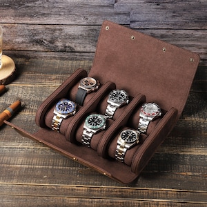 gepersonaliseerde lederen horloges roll, lederen horloge roll voor 6 horloges, lederen horloges opbergdoos, reisaccessoires, cadeau voor mannen