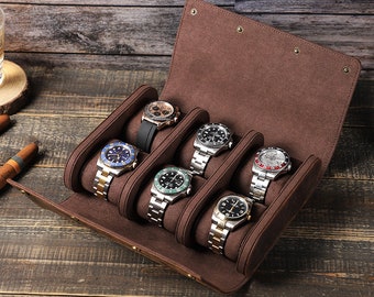 Rouleau de montres en cuir personnalisé, Rouleau de montre en cuir pour 6 montres, Boîtier de rangement de montres en cuir, Accessoires de voyage, Cadeau pour hommes