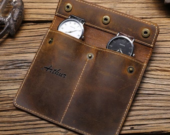 2 Watches Case Bag Holder, Vintage Cow Leather Travel Watch Storage Box, Leather Watches Case Pouch Organizer, Personalized Gift for Men