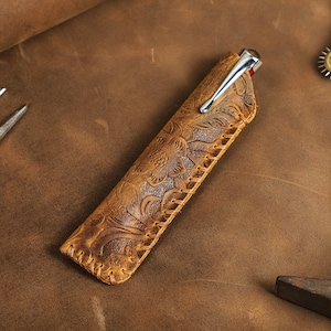 Leather Pen Case, Handmade Pen Holder Case, Embossing Craft Pen Case, Vintage Pen Pouch, Birthday Gift