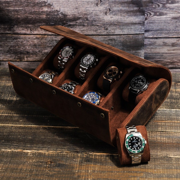 Personalisierte Leder Uhrenrolle, 8 Uhrenhalter, personalisierte Uhrenbox, Reiseaccessoires für Frauen Männer, Geburtstagsgeschenk