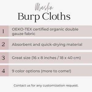 Peut inclure: Langes de rot pour b&eacute;b&eacute; en mousseline de coton biologique certifi&eacute;e Oeko-Tex. Les langes sont absorbants et s&egrave;chent rapidement, mesurant 16 x 8 pouces ou 18 x 40 cm. Ils sont disponibles en 9 couleurs avec plus &agrave; venir.