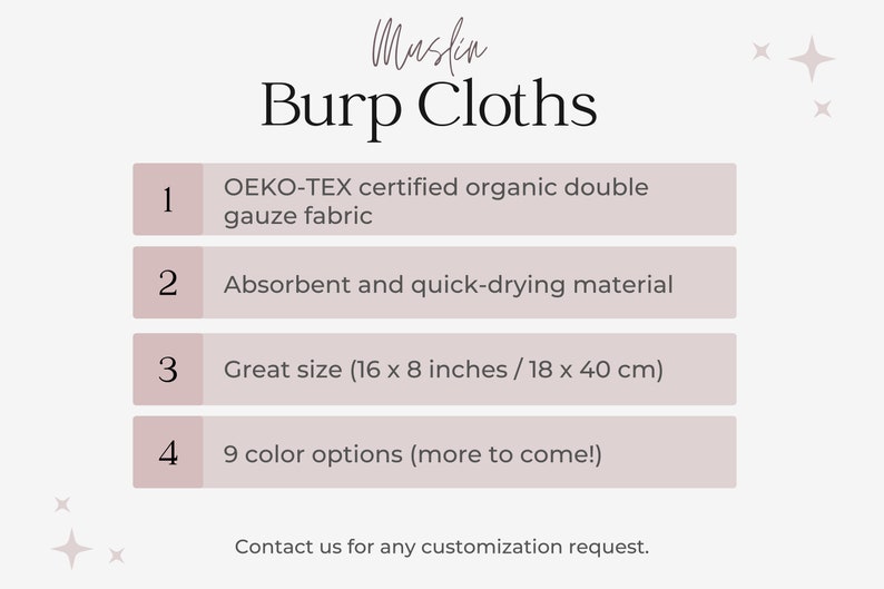 Peut inclure: Langes de rot pour b&eacute;b&eacute; en mousseline de coton biologique certifi&eacute;e Oeko-Tex. Les langes sont absorbants et s&egrave;chent rapidement, mesurant 16 x 8 pouces ou 18 x 40 cm. Ils sont disponibles en 9 couleurs avec plus &agrave; venir.