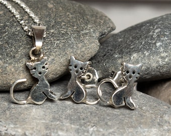 Sterling silver Cat Post Earrings and matching Pendant