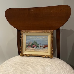Vintage original Landscape embroidery Petit point needlepoint stitching art with frame