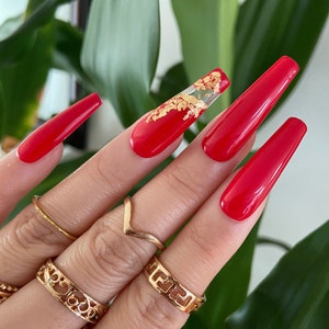 So Lucky Red Gold Foil Nails Reusable Press On Fake Etsy Uk So Lucky Red Gold Foil Nails Reusable Press On Fake Etsy Uk