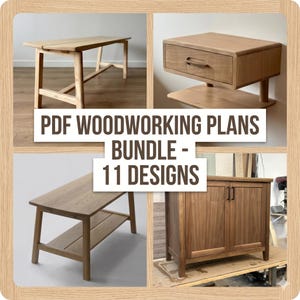 Op de afbeelding: Vier afbeeldingen met houten meubelontwerpen, waaronder een bank, een zwevend nachtkastje met lade, een salontafel met plank en een kast. De tekst "PDF WOODWORKING PLANS BUNDLE - 11 DESIGNS" staat op de afbeelding.