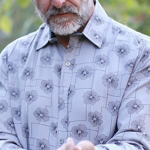 Luxurious Viscose Gray Floral Pattern Shirt - GATSBY - Elegant Shirt, Evening Shirt, Flowy Fitted Shirt, Rayon Shirt